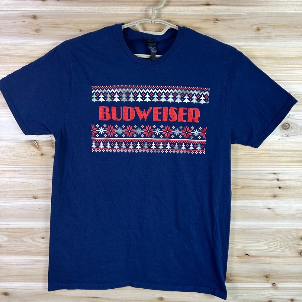 BUDWEISER T- SHIRT MENS XL BLUE UGLY CHRISTMAS SWEATER BEER Short Sleeve Shirt